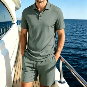 Close-up detail of premium grey mesh ice silk polo shirt and matching shorts set for men