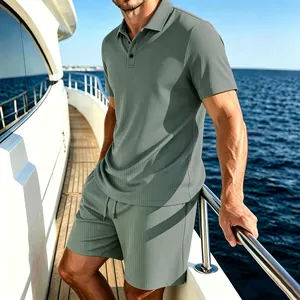 Men's sage green mesh ice silk polo shirt and shorts set for summer lifestyle