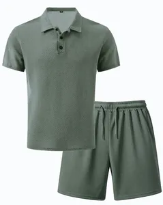 Detail view of men's waffle knit polo shirt and shorts set in sage green summer style