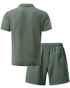 Back view of men's summer waffle knit polo shirt and matching shorts set in sage green