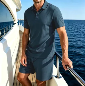 Men's premium ice silk mesh polo shirt and shorts set in navy blue for summer yacht leisure.