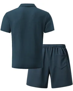 Back view of men's navy blue mesh ice silk polo shirt and shorts set with waffle texture