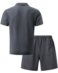 Back view of men's summer mesh ice silk set showing textured polo shirt and shorts