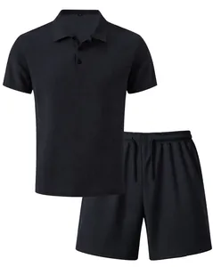 Detailed view of the black ice silk mesh texture on men's summer polo and shorts set