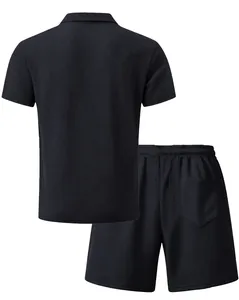 Detailed back view of men's premium black ice silk mesh polo shirt and shorts set