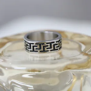 Men's silver titanium steel ring with black meander Greek key pattern design