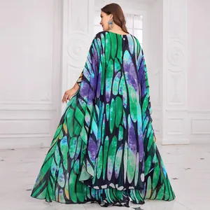 Elegant butterfly wing print chiffon gown with flowing cape sleeves for gala events