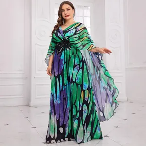 Elegant butterfly print chiffon maxi dress with V-neck and flowing cape sleeves for banquets