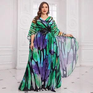 Elegant butterfly print chiffon maxi dress with V-neck, cape sleeves, and beaded waist detail