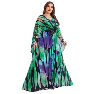 Plus size butterfly print chiffon maxi dress with elegant V-neck and cape sleeves