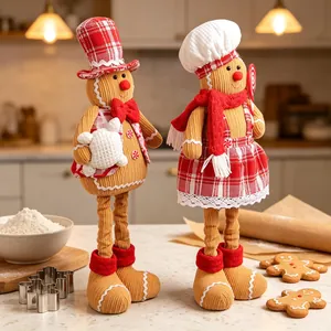 Pair of festive Christmas gingerbread man telescopic plush dolls for kitchen decor