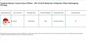 Detail table showing material, size, and weight for the Santa Claus plush pillow.