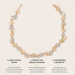 Dettaglio di un elegante cerchietto da sposa con foglie d'oro, perle e strass
