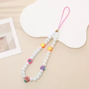 Handmade beaded phone strap with white pearls and cute polymer clay fruit charms