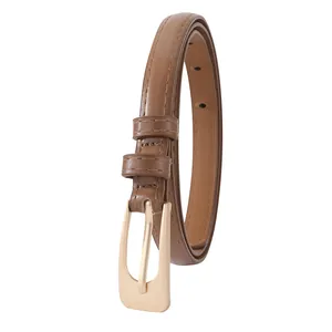 Ceinture fine élégante en cuir PU marron avec boucle dorée pour jeans de femme