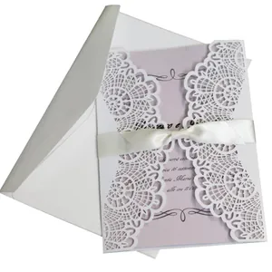 Biglietti Invito Matrimonio Taglio Laser Pizzo Svuotato Carta Perla Artificialta Fiocco Nastro Buste Fogli Interni Elegante Festa