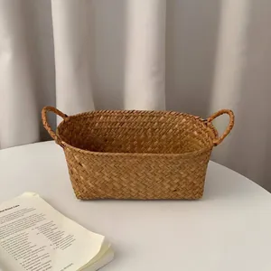 Retro woven storage basket for desktop organization with handles