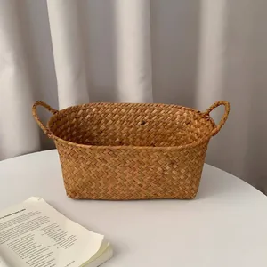 Retro woven straw storage basket for desktop organization and sundries storage