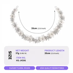 Spécifications du bandeau de mariée avec strass et perles, montrant la longueur et le poids