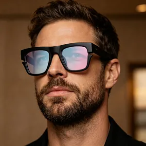 Close-up of men's square black frame sunglasses with gradient reflective lenses