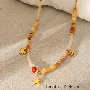 Bohemian natural stone necklace with gold-plated starfish and turtle charms, 41-46cm
