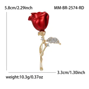 Elegant red rose brooch with crystals, detailed dimensions: 5.8 x 3.3 cm and weight 10.3g