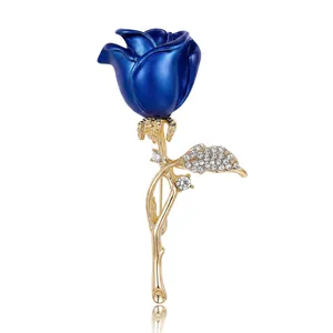 Elegant blue rose brooch with gold-tone stem and sparkling crystals for women fashion