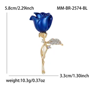 Elegant blue rose flower brooch with rhinestone accents and gold stem, size 5.8cm