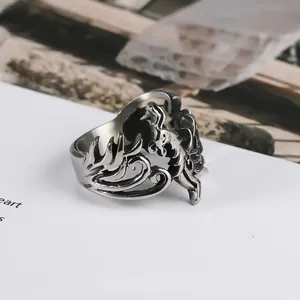 Vintage stainless steel phoenix ring for men with intricate hollow engraving detail