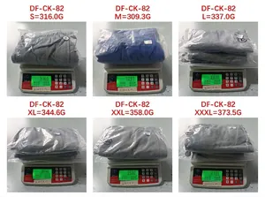 Men's sports pants weight reference chart showing sizes S to XXXL on digital scale