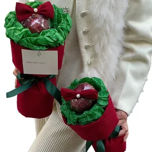Elegant Christmas apple bouquet wrapping set with red fabric and green crinkle paper
