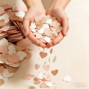 Pink and gold glitter heart-shaped confetti held in hands for Valentine's Day decoration