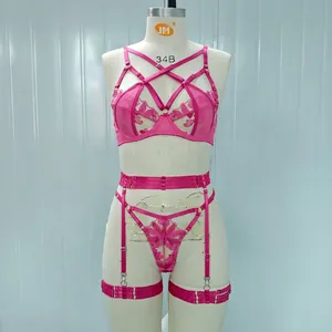 Exquisite pink mesh lingerie set featuring butterfly embroidery, strappy bra, and garter belt