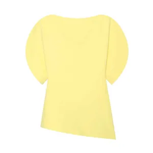 Detailed view of yellow off-the-shoulder puff sleeve shirt with asymmetrical hemline