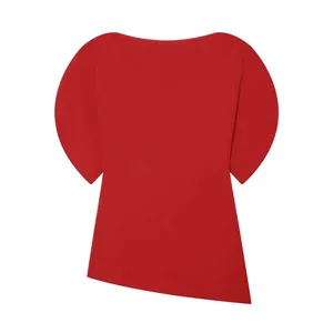 Detailed view of the vibrant red off-the-shoulder puff sleeve top with asymmetrical hem
