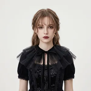 Elegant Gothic black mesh ruffled fake collar capelet with velvet bow tie detail