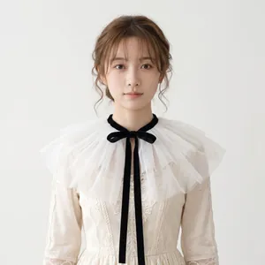 Exquisite white ruffled tulle faux collar with black velvet ribbon bow shown on a model