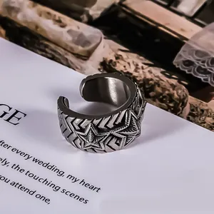 Retro stainless steel star engraved wide band ring for men vintage style
