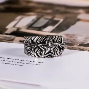 Vintage stainless steel wide band ring for men with embossed pentagram star patterns