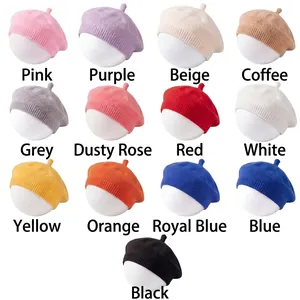 Selection of colorful knitted baby berets in 13 assorted solid colors for infants