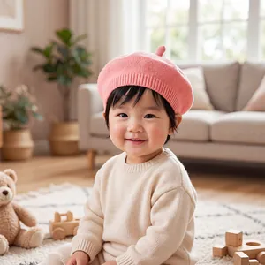 Adorable baby wearing a soft pink knitted beret hat in a cozy and warm home setting