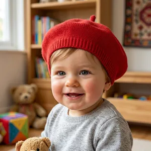 Close-up of a toddler wearing a bright red knit beret hat in a cozy playroom