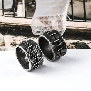 Vintage Stainless Steel Men Ring Industrial Stitching Texture Wide Band Punk Distressed Biker Jewelry Fashion Finger Ring