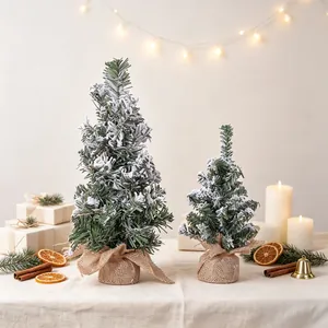 Mini Christmas Tree Artificial Flocked Snow Effect PVC Pine Desktop Ornament Rustic Burlap Base Festive Home Decor