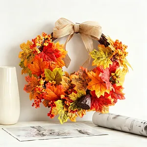 Thanksgiving maple leaf wreath with burlap bow and lotus pod for door decor