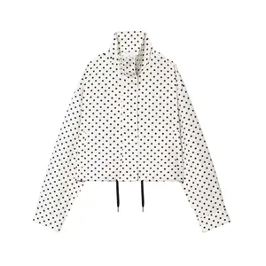 Women Casual Polka Dot Jacket Long Sleeve Stand Collar Drawstring Hem Loose Windbreaker Fashion Outerwear For Autumn