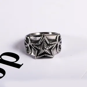 Vintage men's stainless steel pentagram ring in hip-hop style with oxidized finish