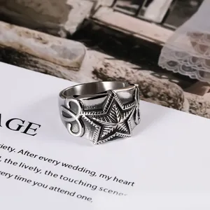Vintage silver pentagram star ring for men hip-hop fashion jewelry accessory SA975