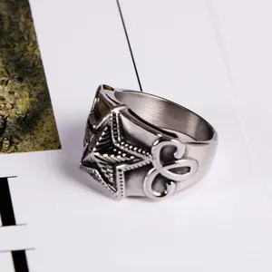 Vintage hip hop style stainless steel pentagram star ring for men with black details