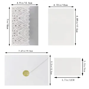 Detailed view showing dimensions of white laser-cut invitation card set and envelopes